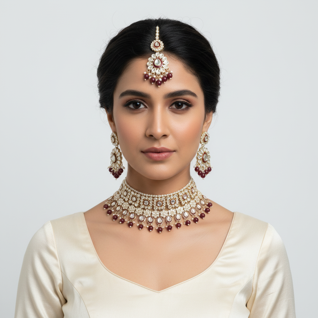 Maroon Kunan Choker Nacklace Set