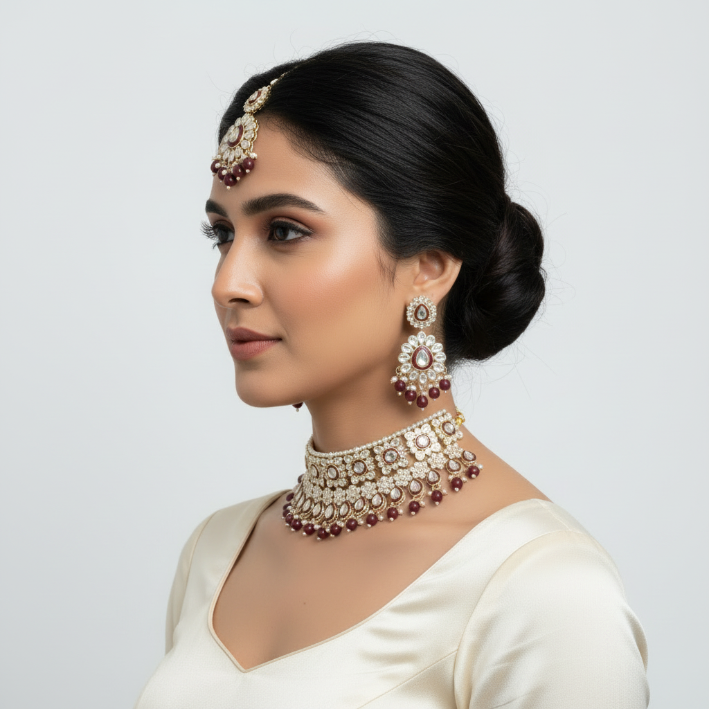 Maroon Kunan Choker Nacklace Set