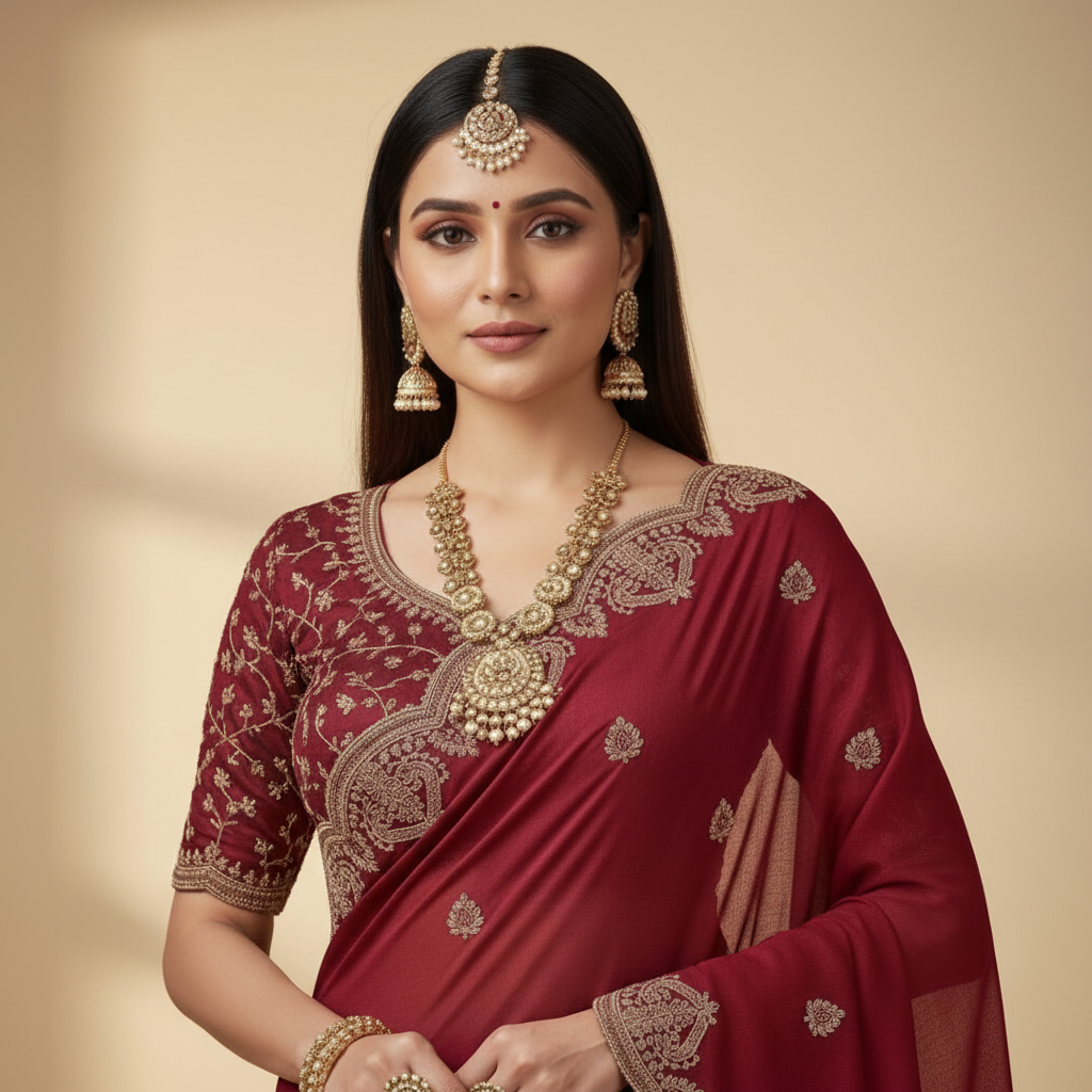 Maroon Georgette Embroidery Saree