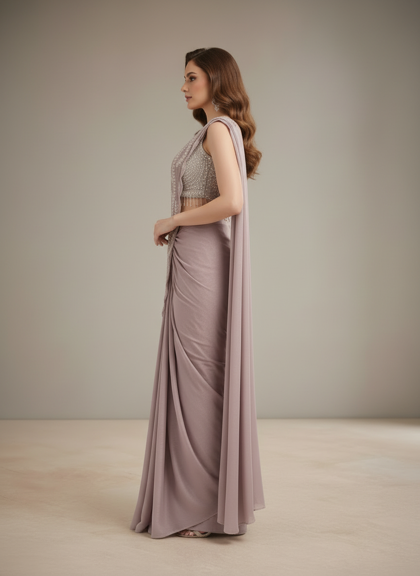 Designer Pre-Draped Saree with Embellished Pearl Blouse