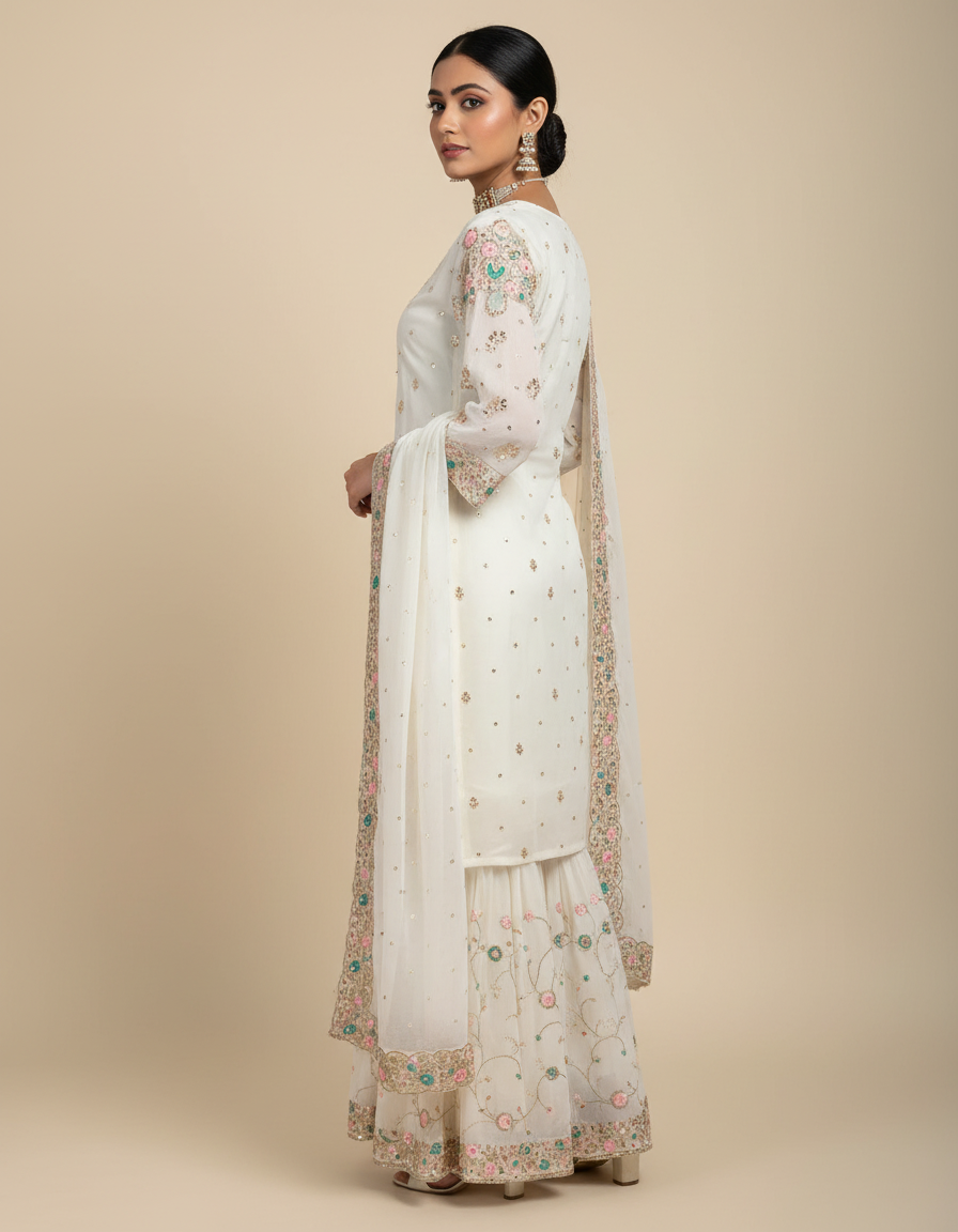 Elegant White Embroidered Sharara Set