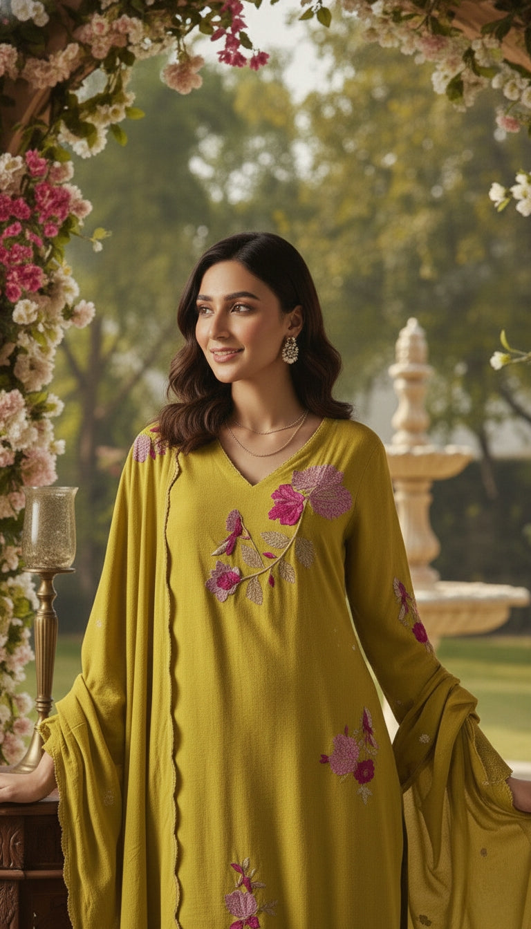 Floral Embroidered Olive Green Suit Set