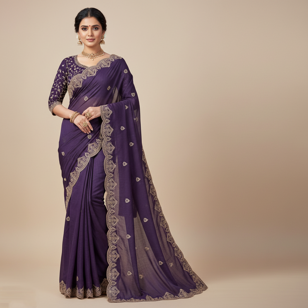Trendy Purple Embroidered Saree