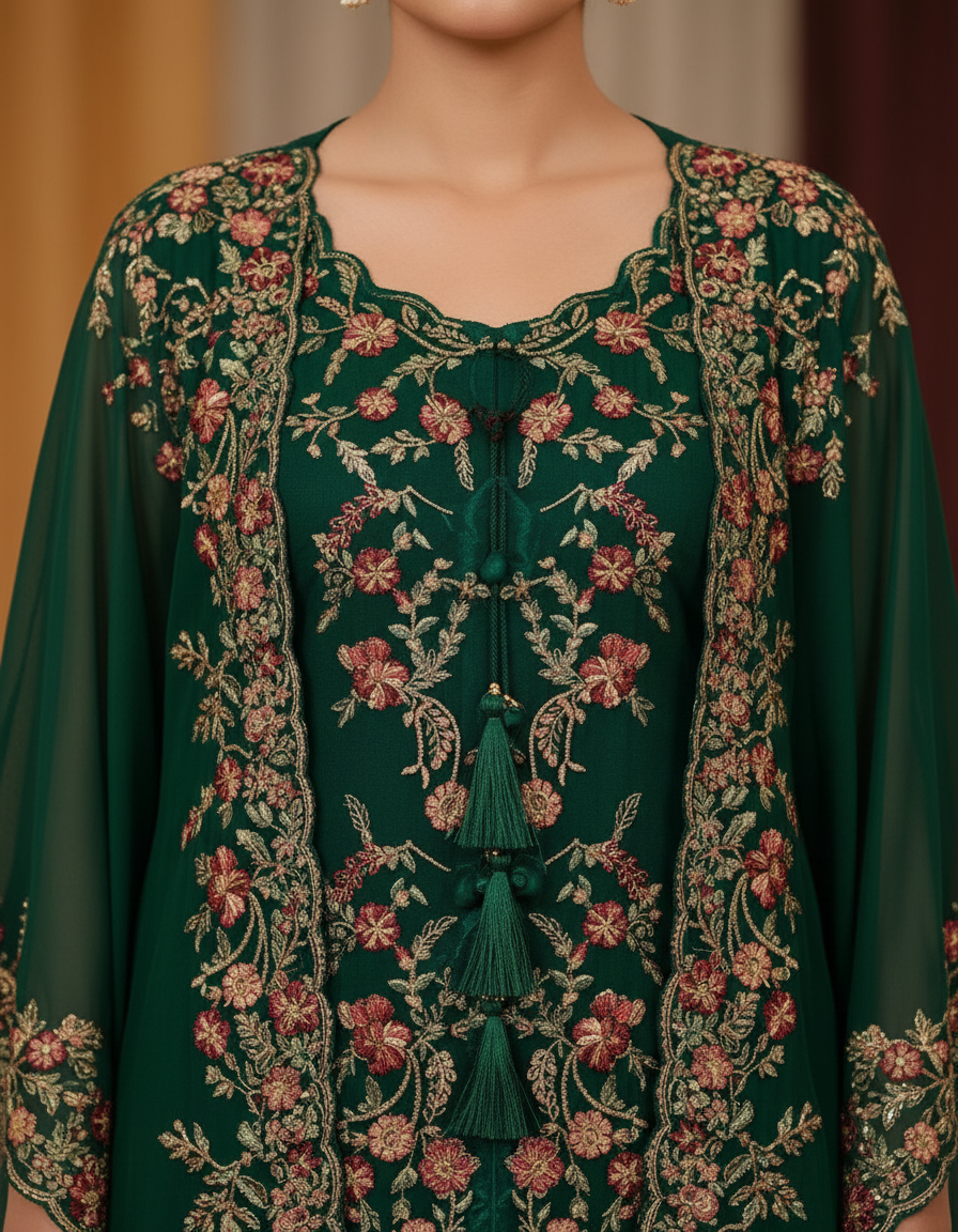 Royal Emerald Indo-Western Set with Floral Embroidery and Tassel Detail