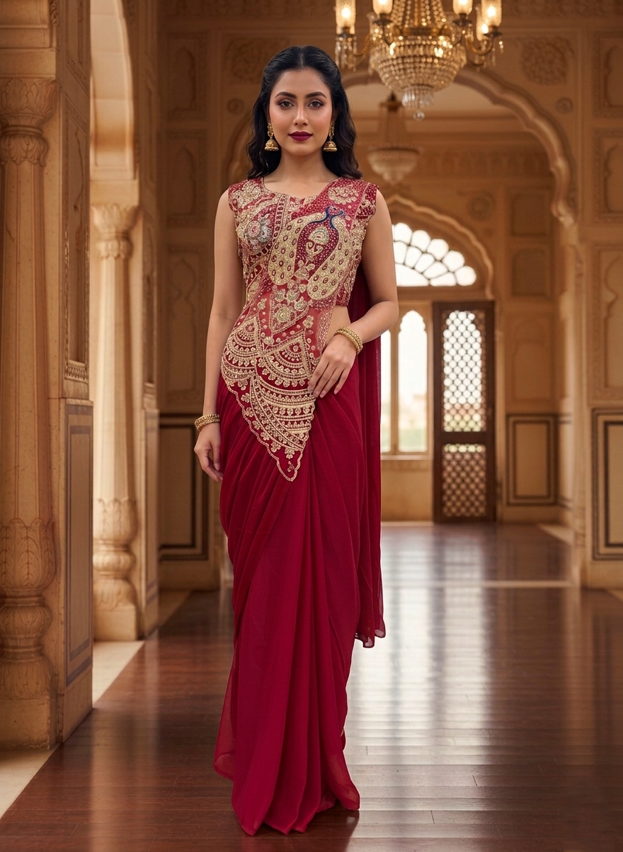 Exquisite Maroon Georgette Pre-Stitched Saree with Heavily Embellished Peacock Motif Blouse