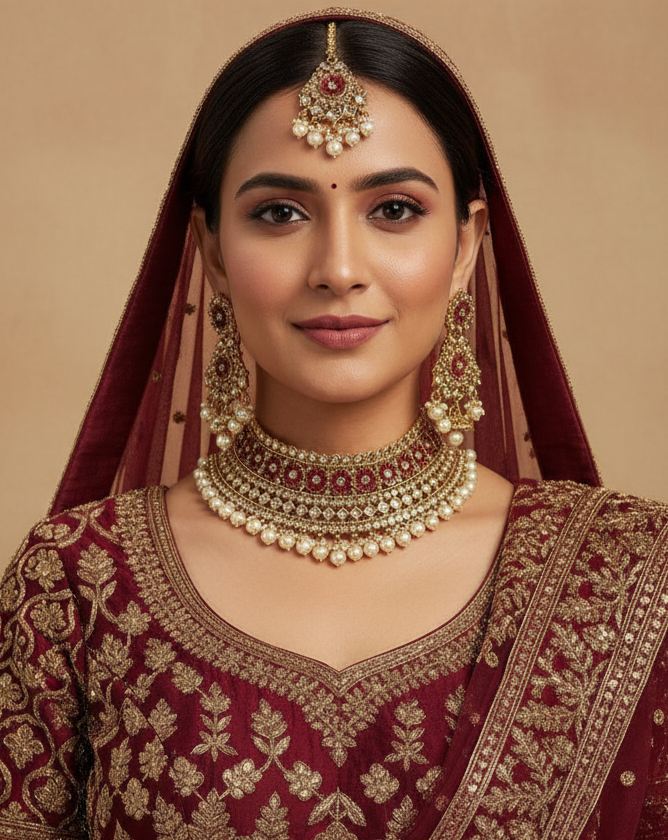 Regal Maroon & Pearl Bridal Necklace Set