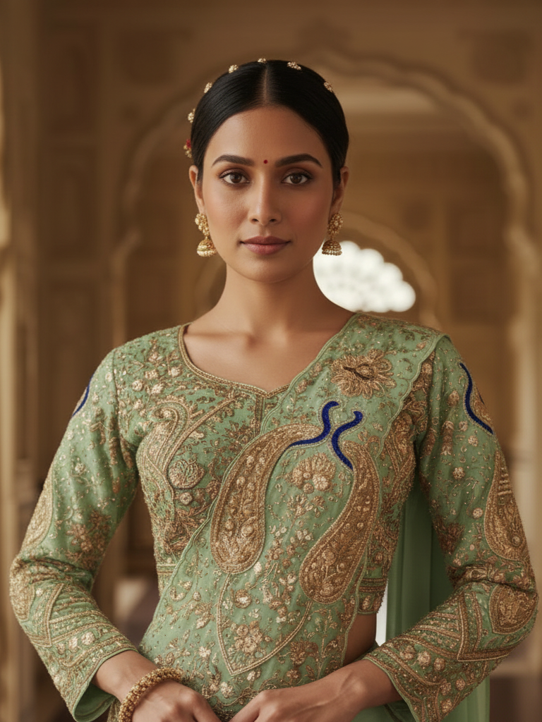 Elegant Pista Green Pre-Stitched Rangoli Silk "Mor Drape" Saree Set