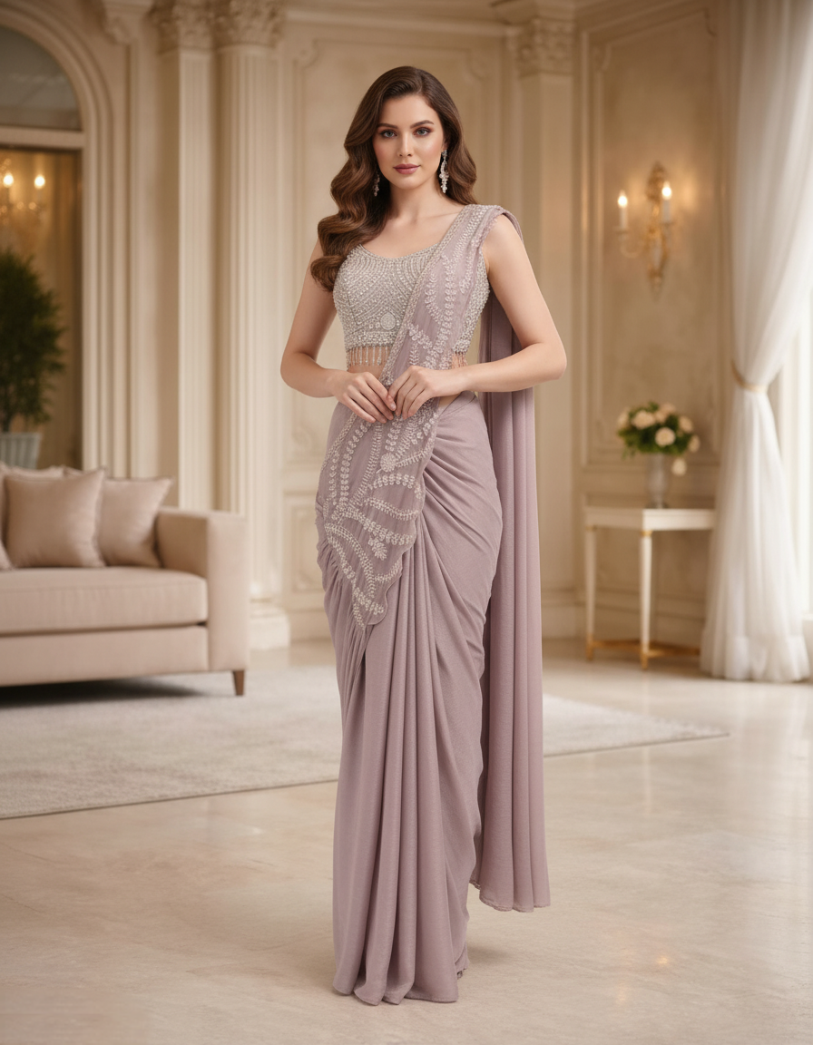 Designer Pre-Draped Saree with Embellished Pearl Blouse