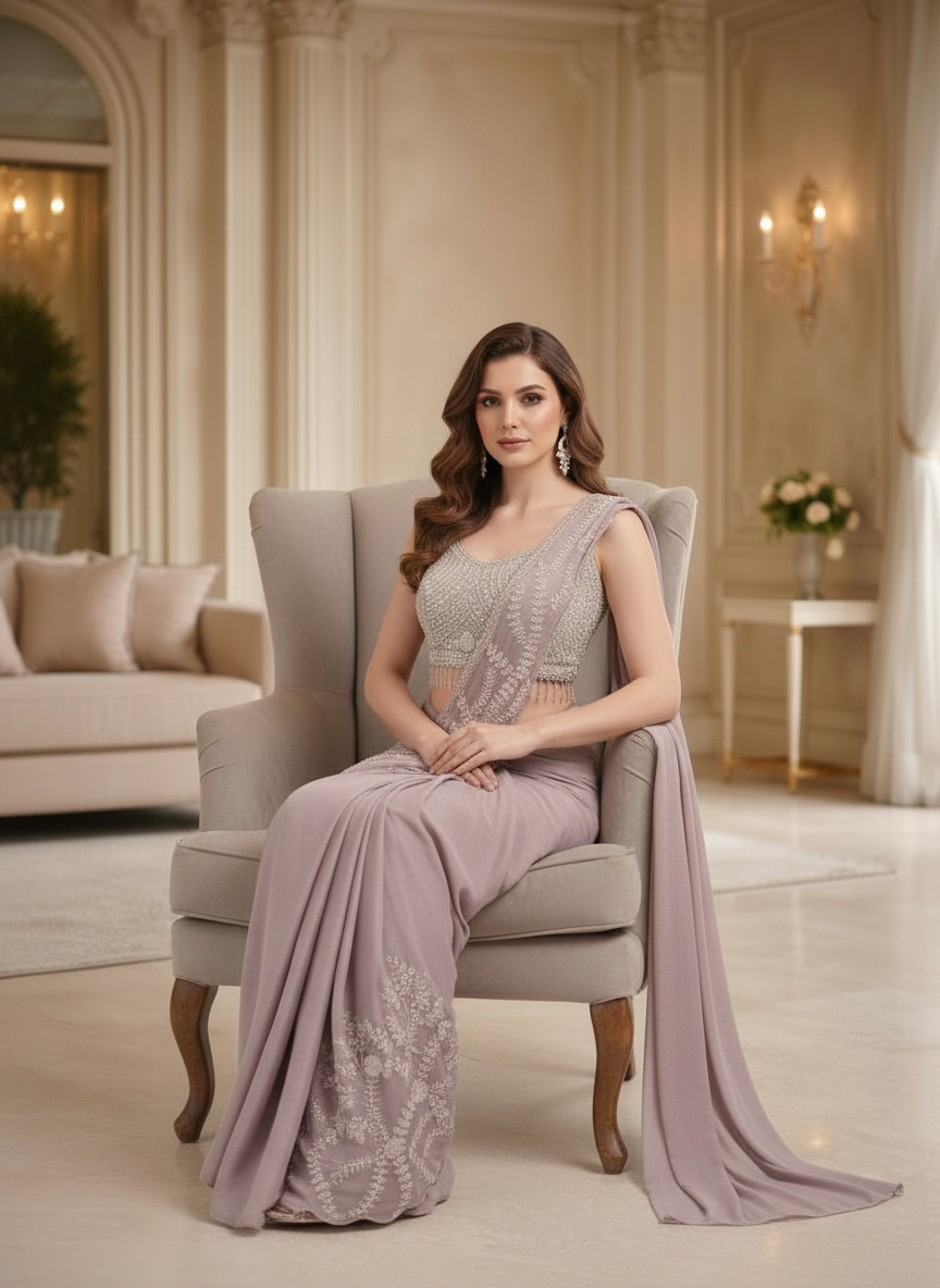 Designer Pre-Draped Saree with Embellished Pearl Blouse