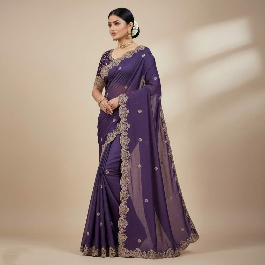 Trendy Purple Embroidered Saree