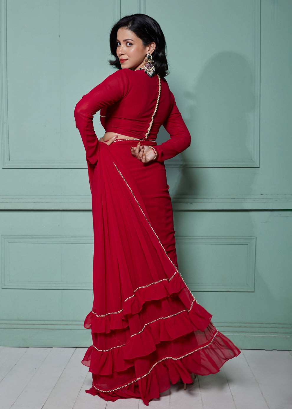 Magenta Pre-Draped Frilled Saree