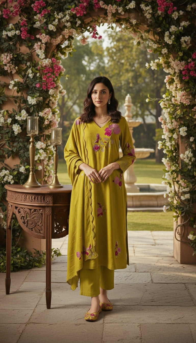 Floral Embroidered Olive Green Suit Set