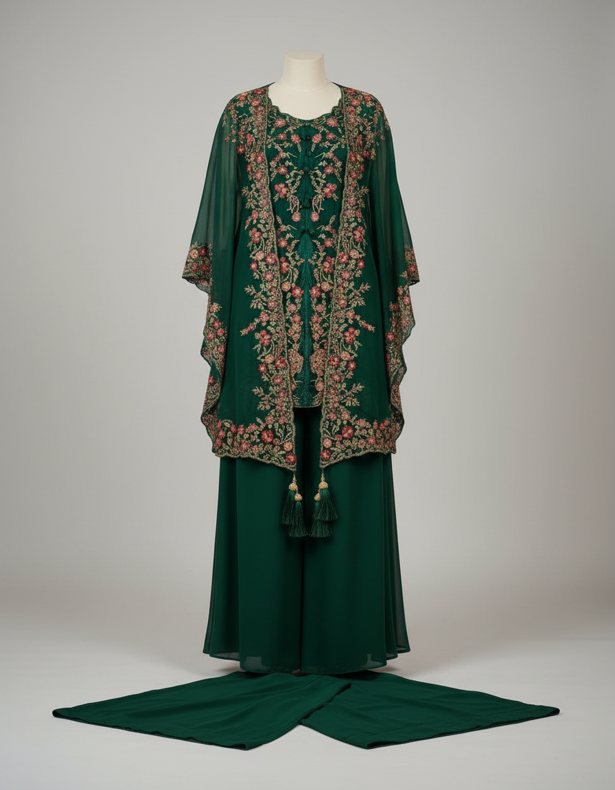 Royal Emerald Indo-Western Set with Floral Embroidery and Tassel Detail