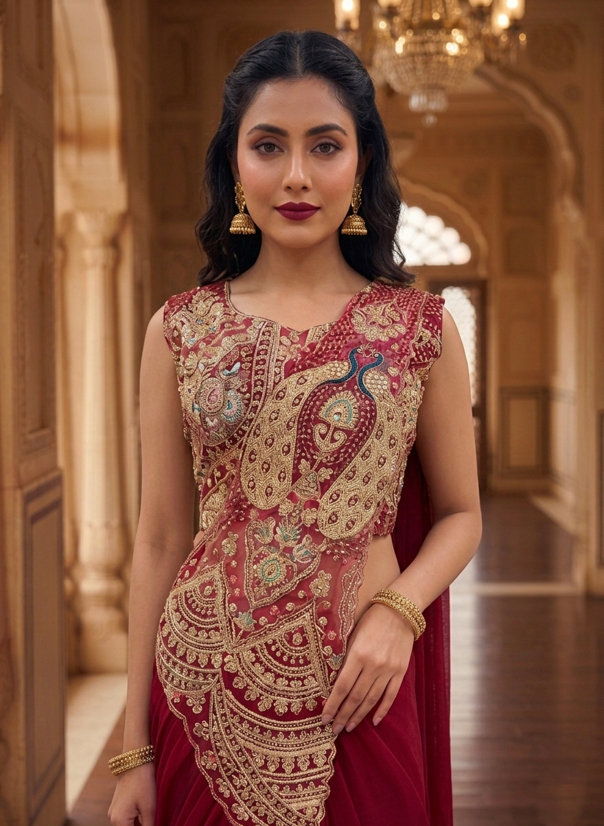 Exquisite Maroon Georgette Pre-Stitched Saree with Heavily Embellished Peacock Motif Blouse