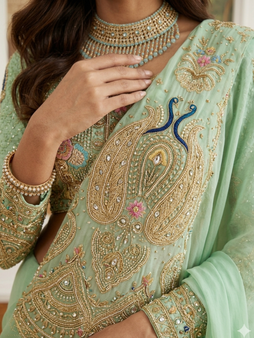 Elegant Pista Green Pre-Stitched Rangoli Silk "Mor Drape" Saree Set