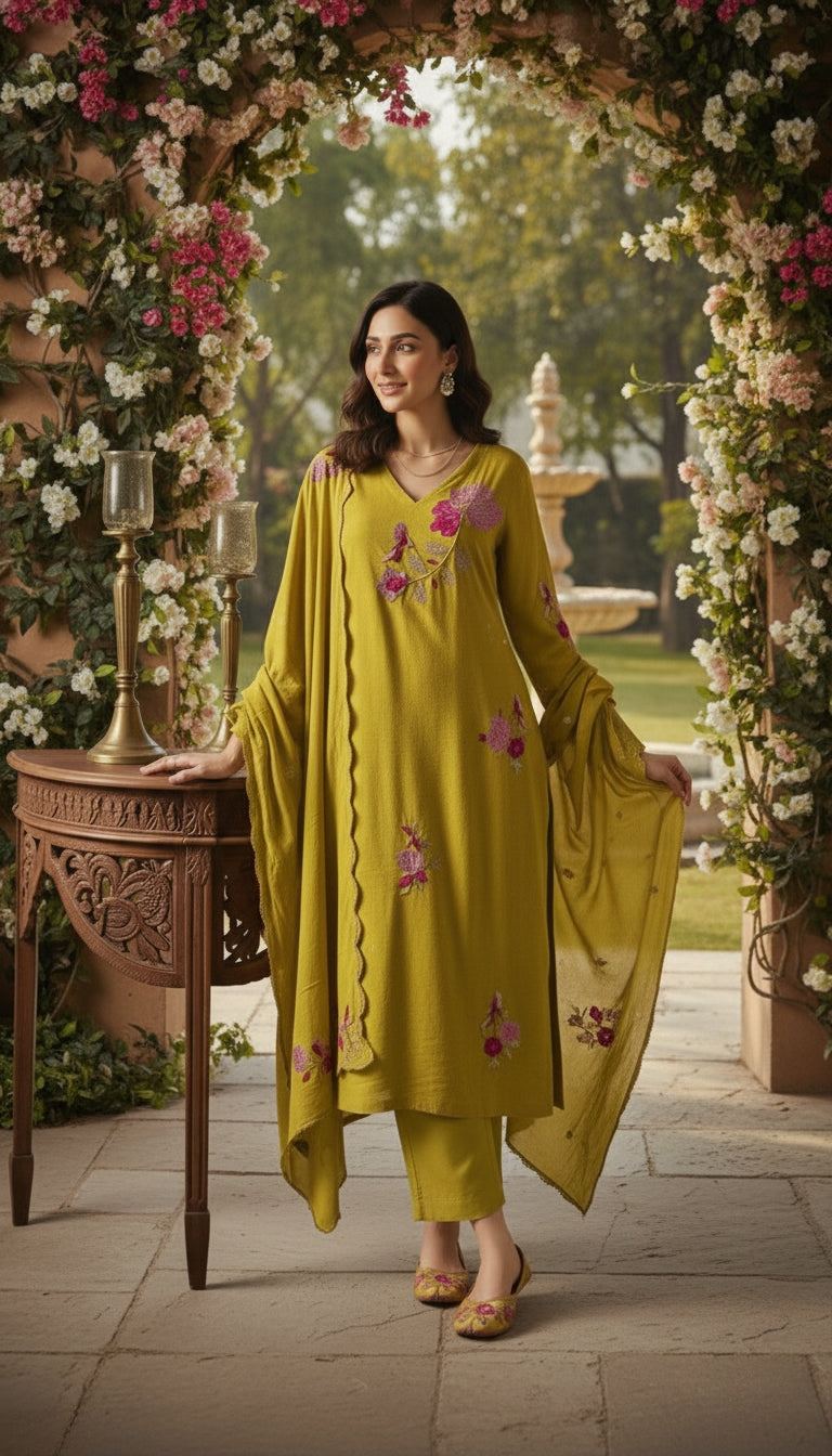 Floral Embroidered Olive Green Suit Set