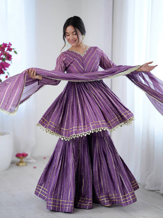 Purple Real Mirror & Handwork Mal Chanderi Sharara Set With Dupatta