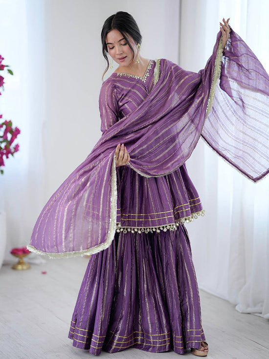 Purple Real Mirror & Handwork Mal Chanderi Sharara Set With Dupatta