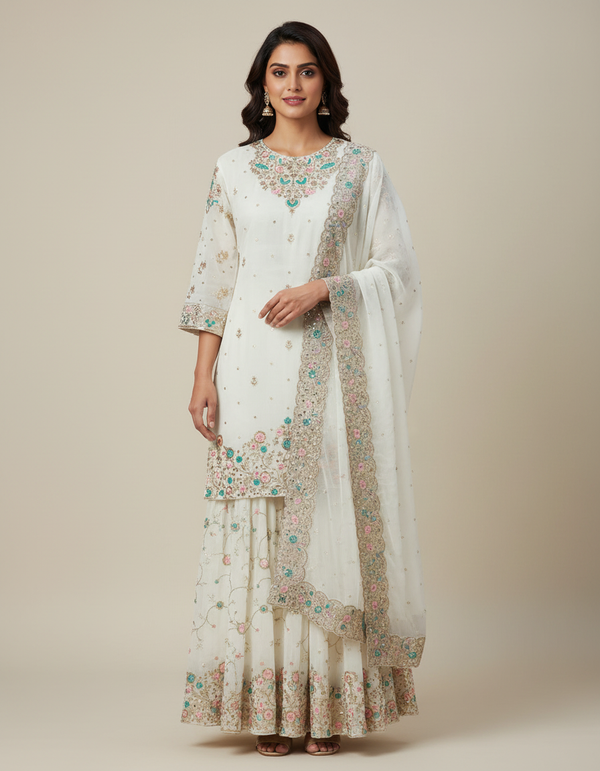 Elegant White Embroidered Sharara Set
