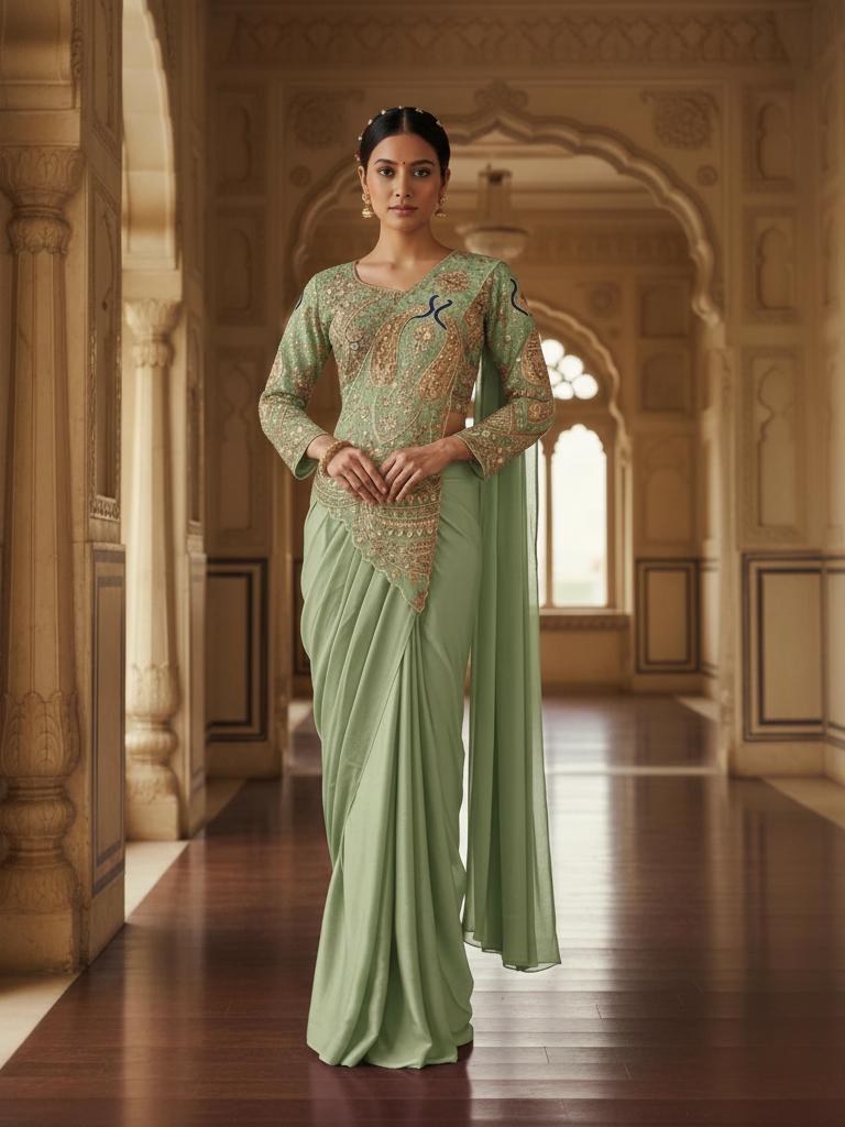 Elegant Pista Green Pre-Stitched Rangoli Silk "Mor Drape" Saree Set