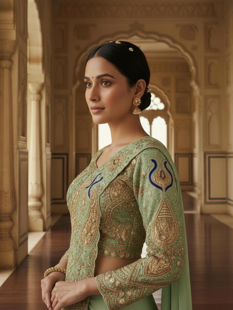 Elegant Pista Green Pre-Stitched Rangoli Silk "Mor Drape" Saree Set