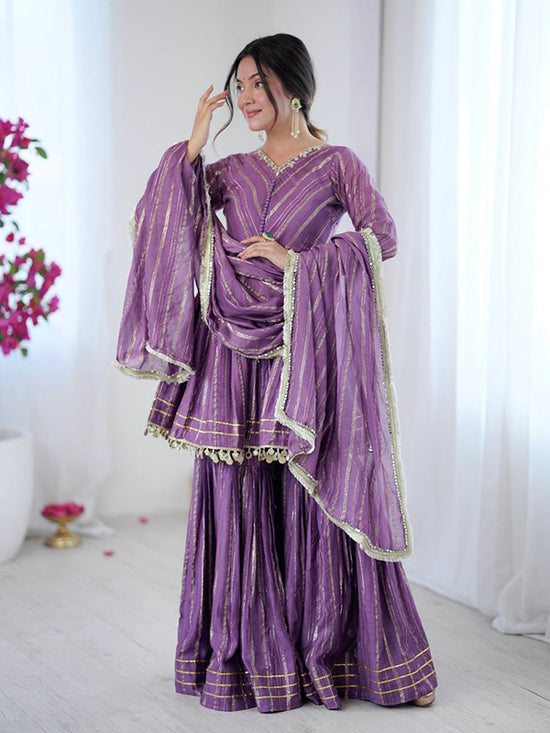Purple Real Mirror & Handwork Mal Chanderi Sharara Set With Dupatta