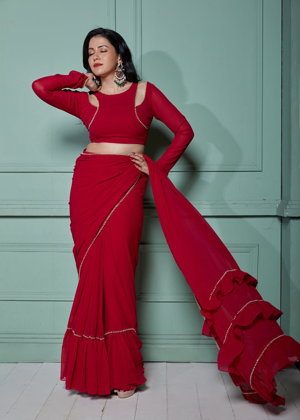 Magenta Pre-Draped Frilled Saree