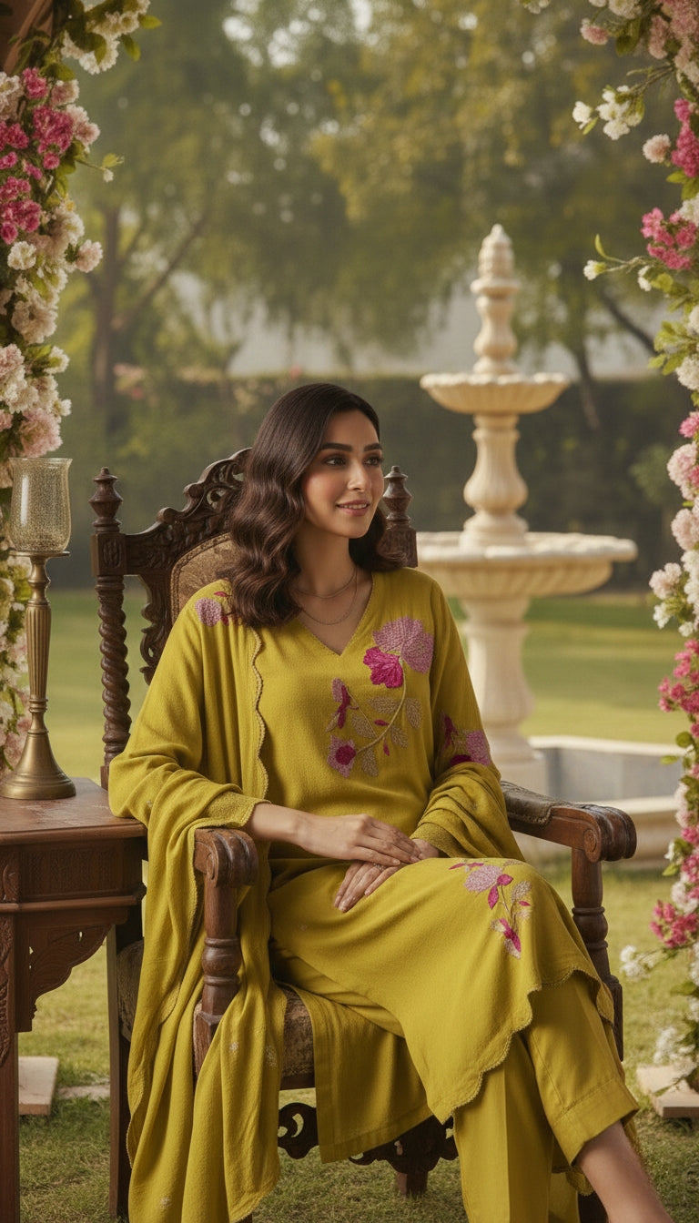 Floral Embroidered Olive Green Suit Set