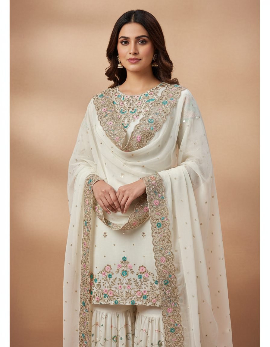 Elegant White Embroidered Sharara Set