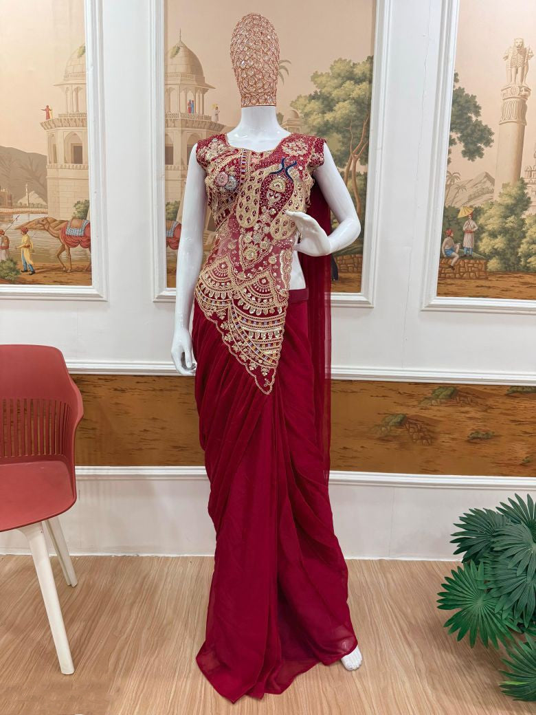 Exquisite Maroon Georgette Pre-Stitched Saree with Heavily Embellished Peacock Motif Blouse
