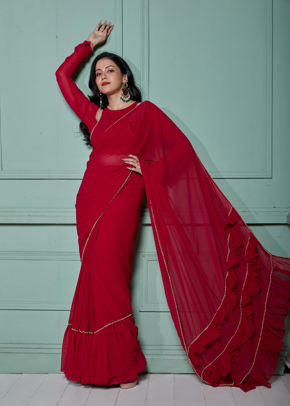 Magenta Pre-Draped Frilled Saree