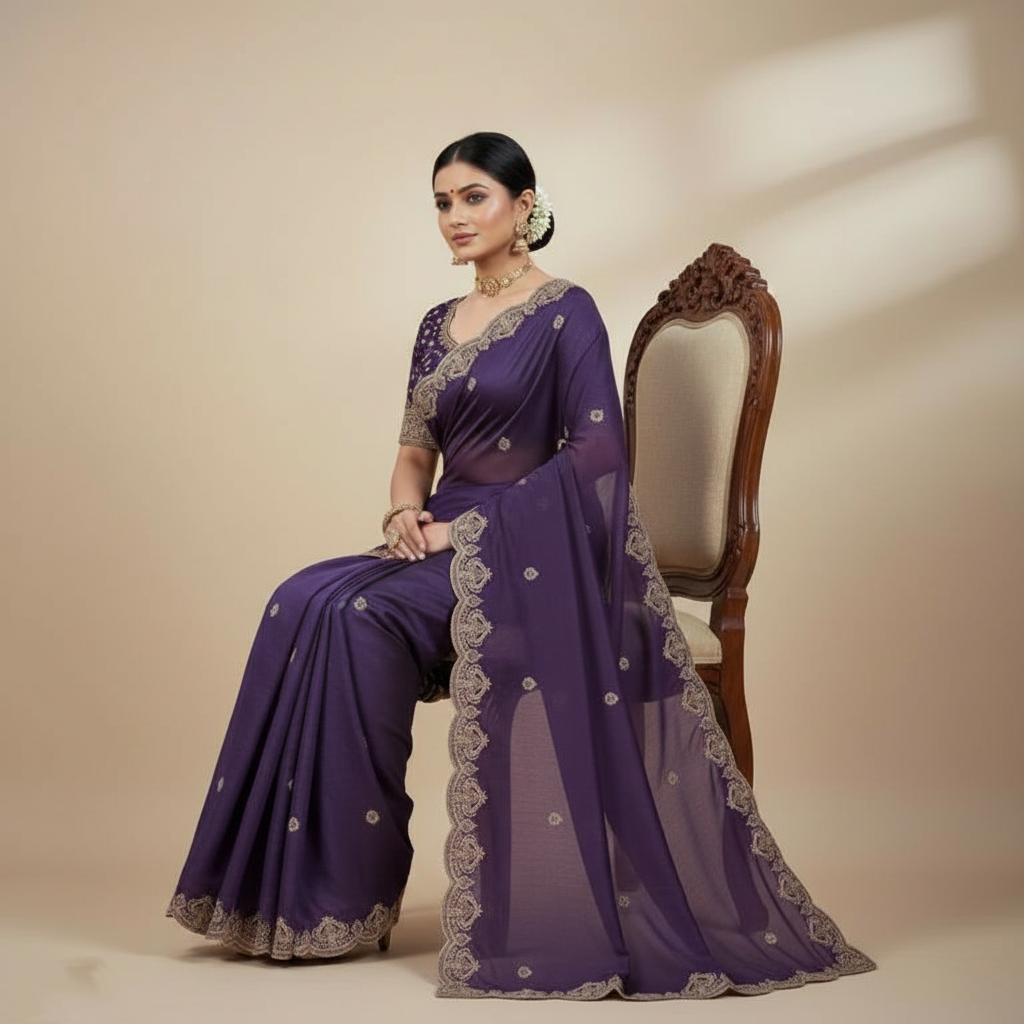 Trendy Purple Embroidered Saree
