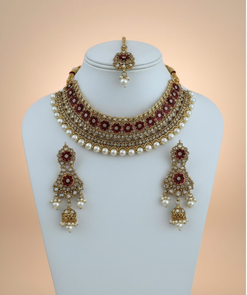 Regal Maroon & Pearl Bridal Necklace Set