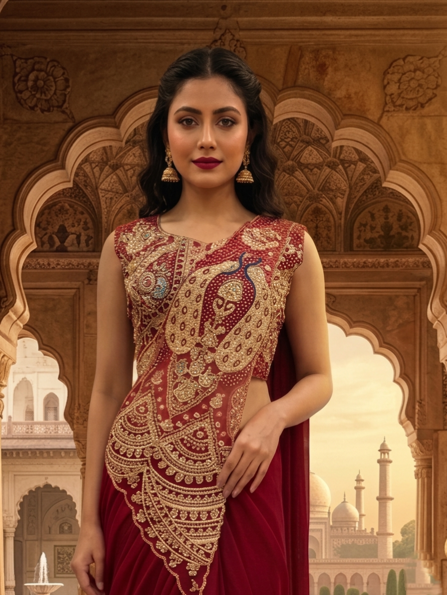 Exquisite Maroon Georgette Pre-Stitched Saree with Heavily Embellished Peacock Motif Blouse