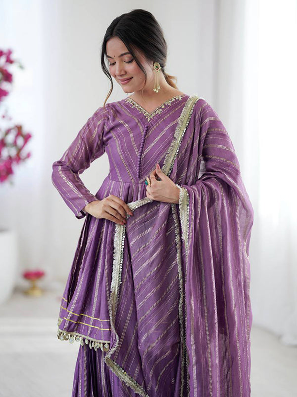 Purple Real Mirror & Handwork Mal Chanderi Sharara Set With Dupatta