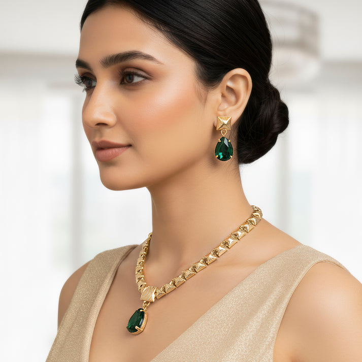 Necklace Anti-Tarnish Emerald Set With Earrings