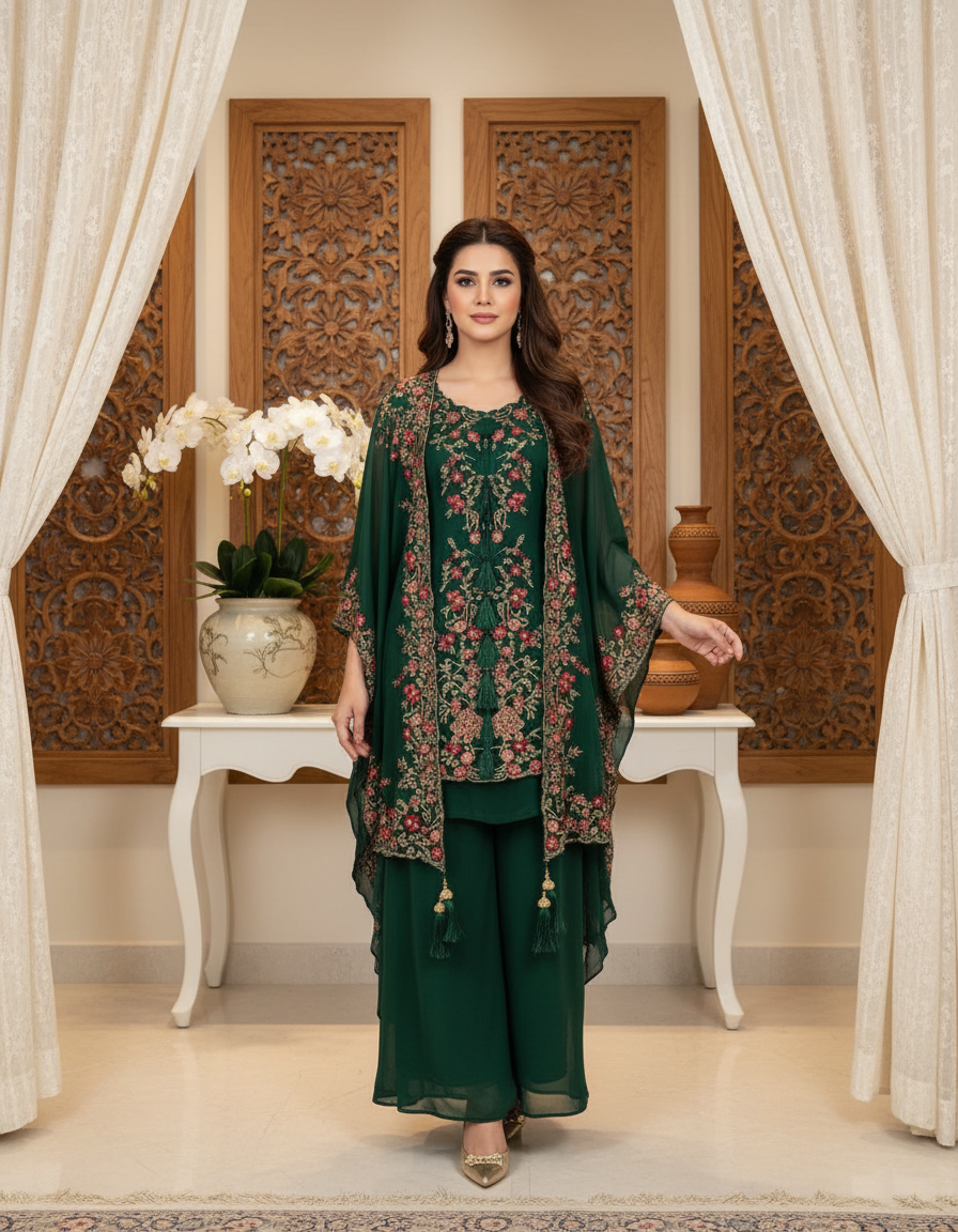 Royal Emerald Indo-Western Set with Floral Embroidery and Tassel Detail