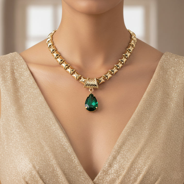 Necklace Anti-Tarnish Emerald Set With Earrings