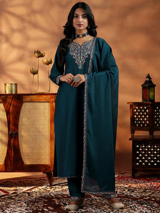 Designer Silk Blend Straight Suit With Dupatta