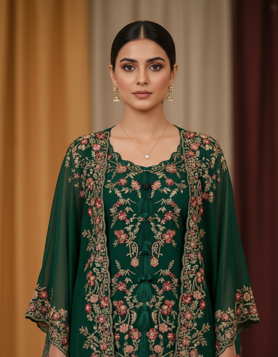 Royal Emerald Indo-Western Set with Floral Embroidery and Tassel Detail