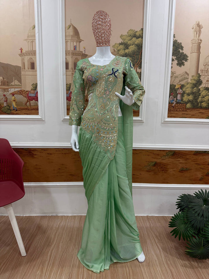 Elegant Pista Green Pre-Stitched Rangoli Silk "Mor Drape" Saree Set