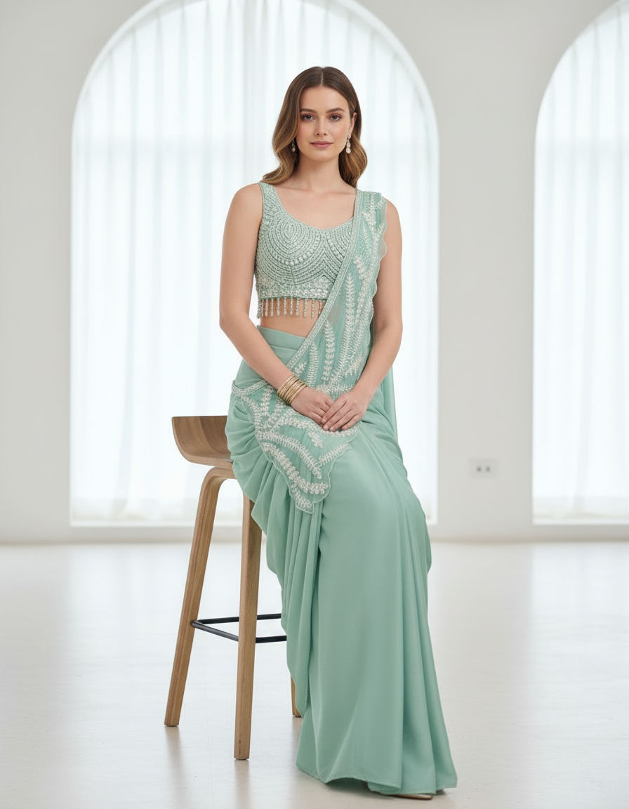 Mint Green Pre-Stitched Draped Saree