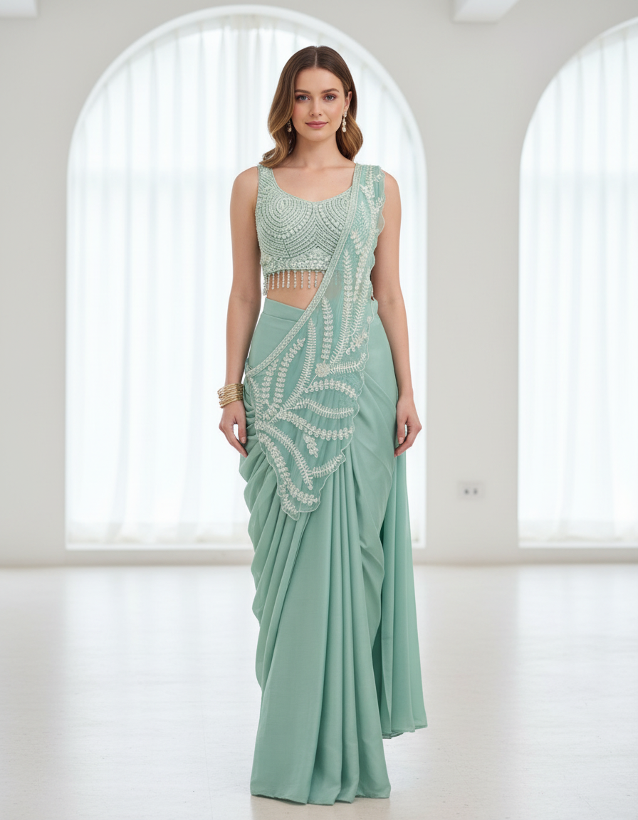 Mint Green Pre-Stitched Draped Saree
