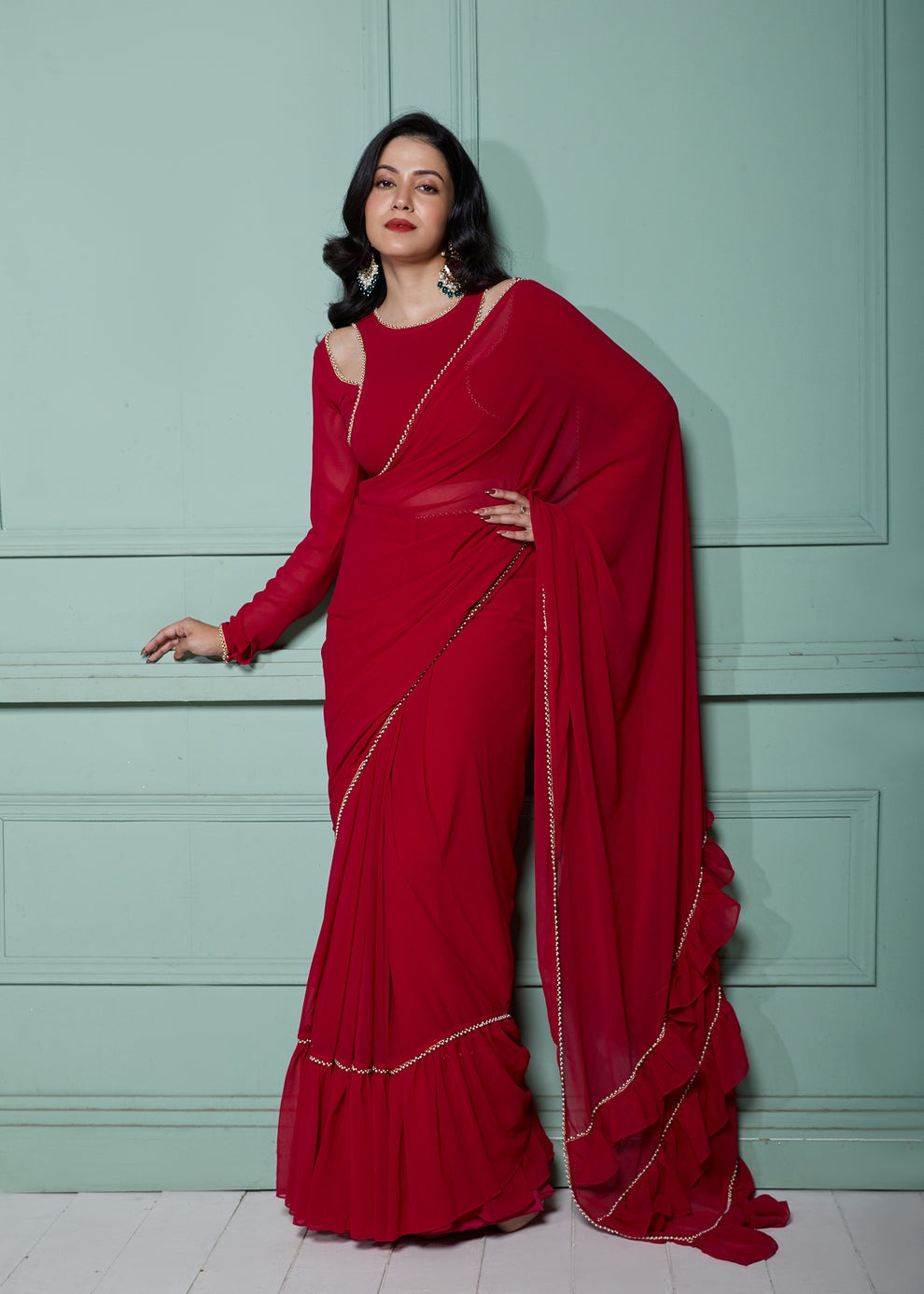 Magenta Pre-Draped Frilled Saree