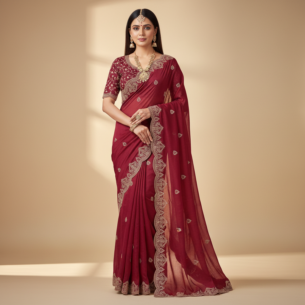 Maroon Georgette Embroidery Saree