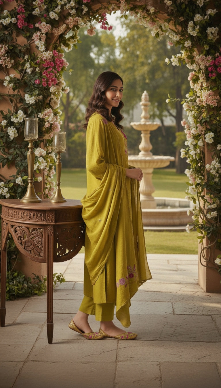 Floral Embroidered Olive Green Suit Set